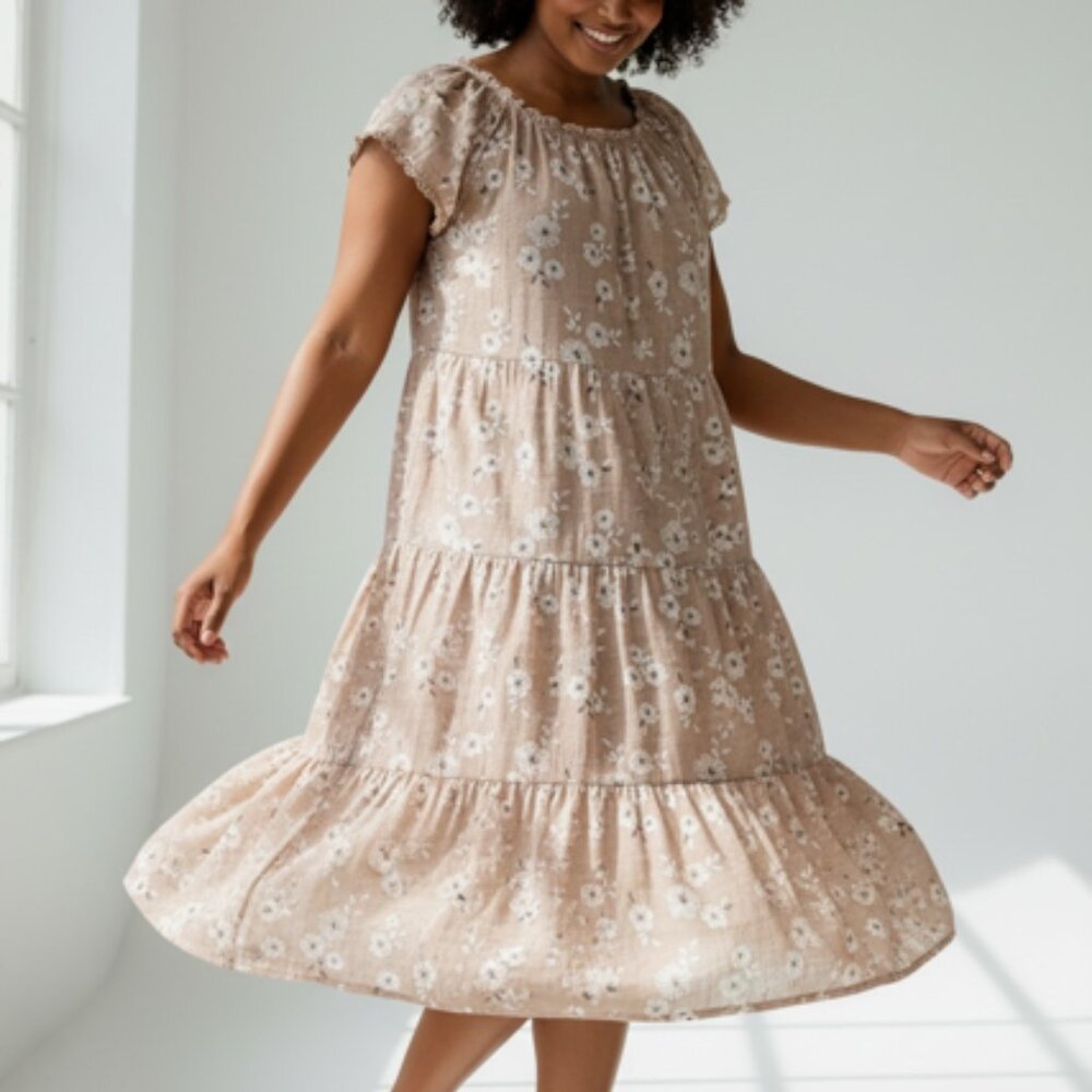 Siren Lily Short Sleeve Round Neck Shift Beige Dress-Size 2X-Eyelet Lace Trim